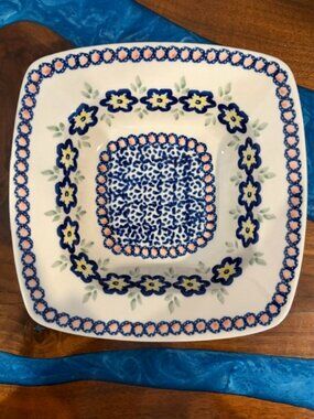 Manufaktura Polish Pottery 8" Square Yellow Flower Dish Bowl
